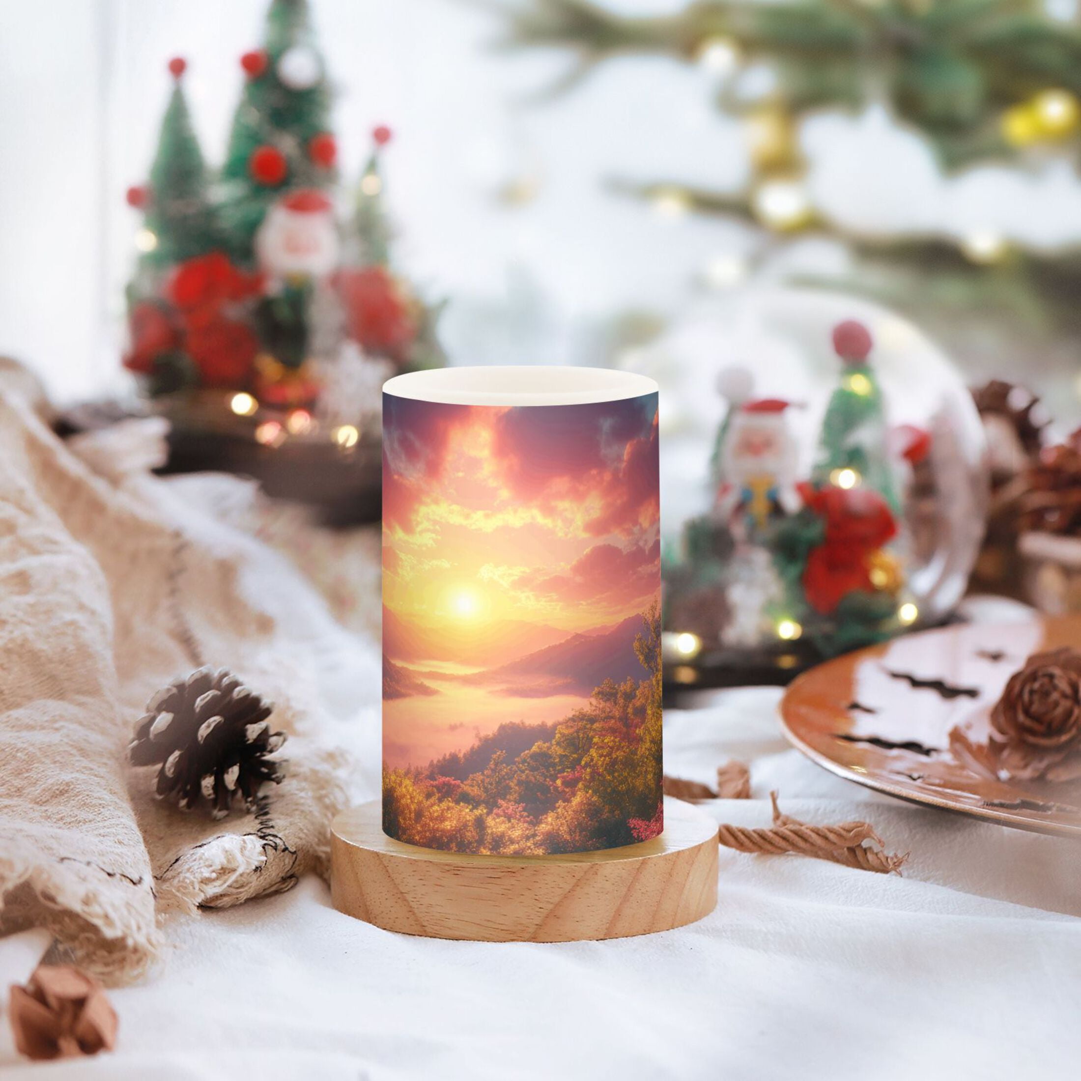 Beautiful Sunrise over Mountains Flickering Flameless LED Candles set of 2 Battery Operated 18-Key Remotes Timer Halloween Fall Decor D3''xH4''5''