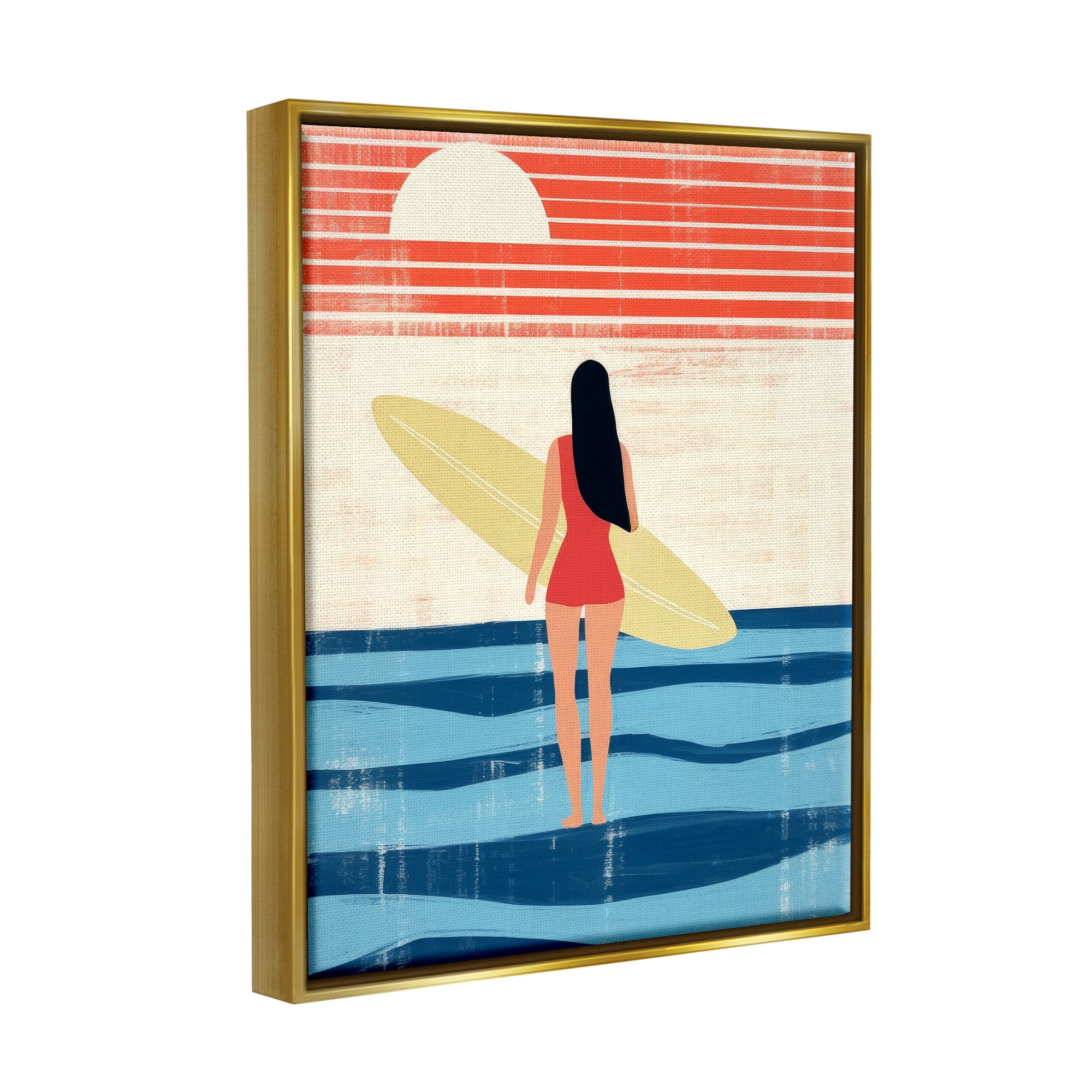 Stupell Industries Rustic Surfer Girl Abstraction Abstract Painting Gold Floater Framed Canvas Art Print Wall Art, 25 x 31