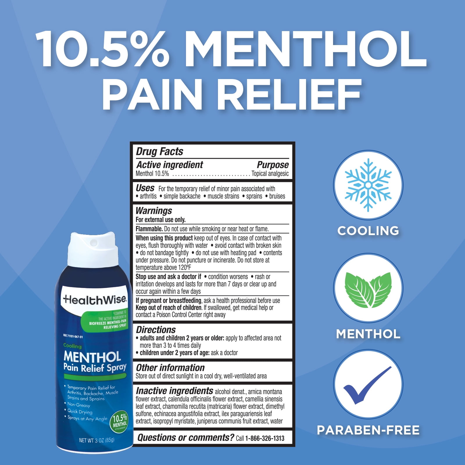 HealthWise 10.5% Menthol Pain Relief Spray | Cold Hot Sensation | 3 oz. 85 mL | Non-Greasy Formula | Immediate Penetrating Action | External Analgesic