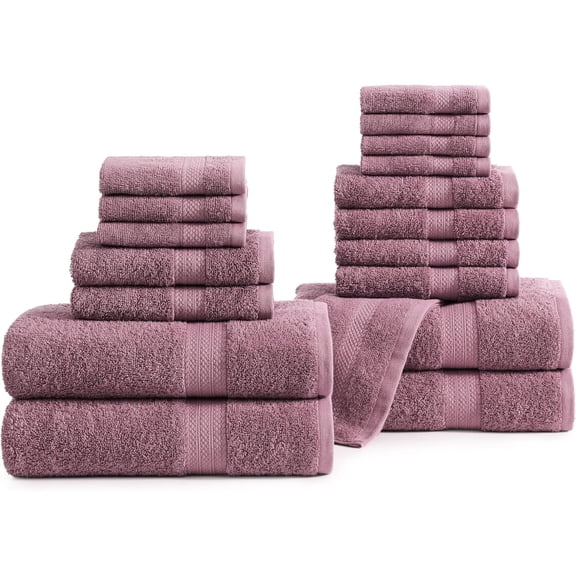 100% Ring Spun Cotton Bath Towel Set, 550 GSM, 18PCs - 4 Shower Towels, 8 Washcloths, 6 Hand Towels for Bathroom - Sustainably Produced, Ultra Soft & Highly Absorbent - Wistful Mauve