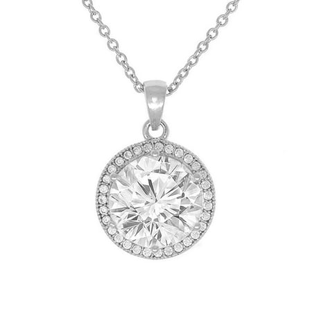 White Gold Round Locket - Cate & Chloe Mariah 18k White Gold Plated Round Cut CZ Halo Pendant Necklace - Cubic Zirconia Halo Cluster Silver Necklace w/Solitaire Round Cut Crystal - Wedding Anniversary Jewelry - MSRP - $150
