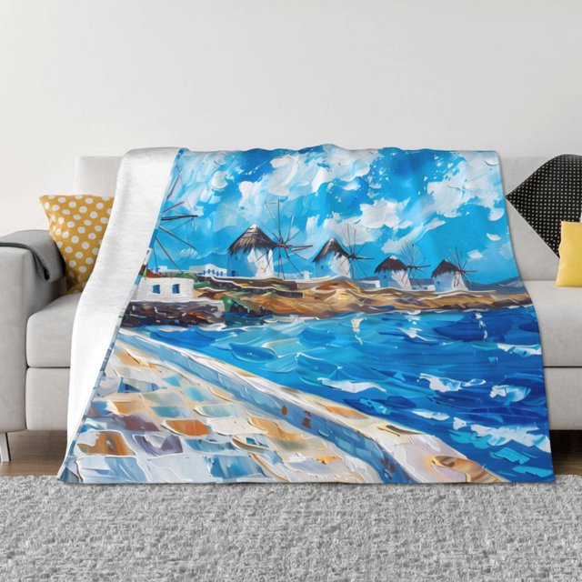 Fotbe Greek Island Windmills Painting Manta de Franela con Estampado, Manta Ultrasuave para Cama, Sofá, Auto, Hipoalergénica y Antibolitas-50"x40"