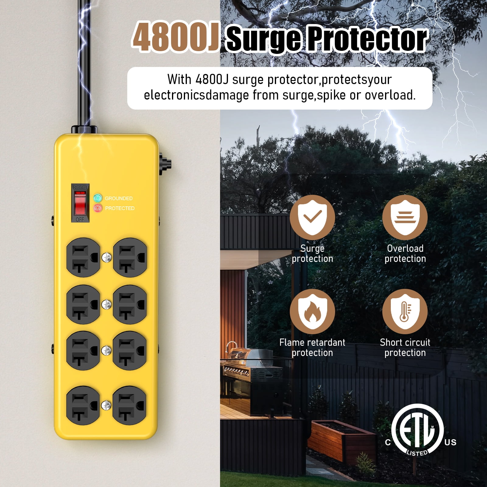 VILONG Heavy Duty Surge Protector Power Strip 20A, 8-Outlet,4800J /2500W, Multi Plug Outlet, 6ft 12AWG Extension Cords for Indoor, ETL, Yellow
