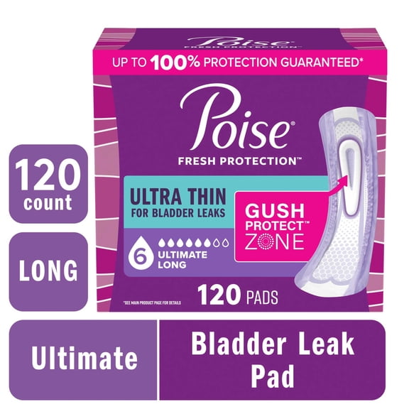 Poise Ultra Thin Incontinence Pads, 6 Drop Ultimate Absorbency, Long Length, 120 Count