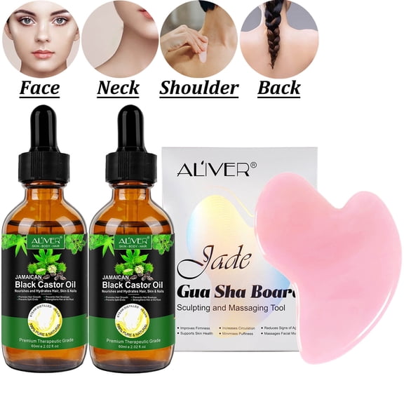 Aliver 2 Pack Jamaican Black Castor Oil for Nourish Hair & Skin Guasha Tool, Anti Aging Massage Essential Oil,Fade Fine Lines and Soothing Skin