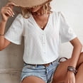 thumbnail image 4 of Womens Lace V Neck Short Sleeve Eyelet Tops Dressy Business Casual Work Shirts Blouse Solid Color Button Summer T Shirts, 4 of 5