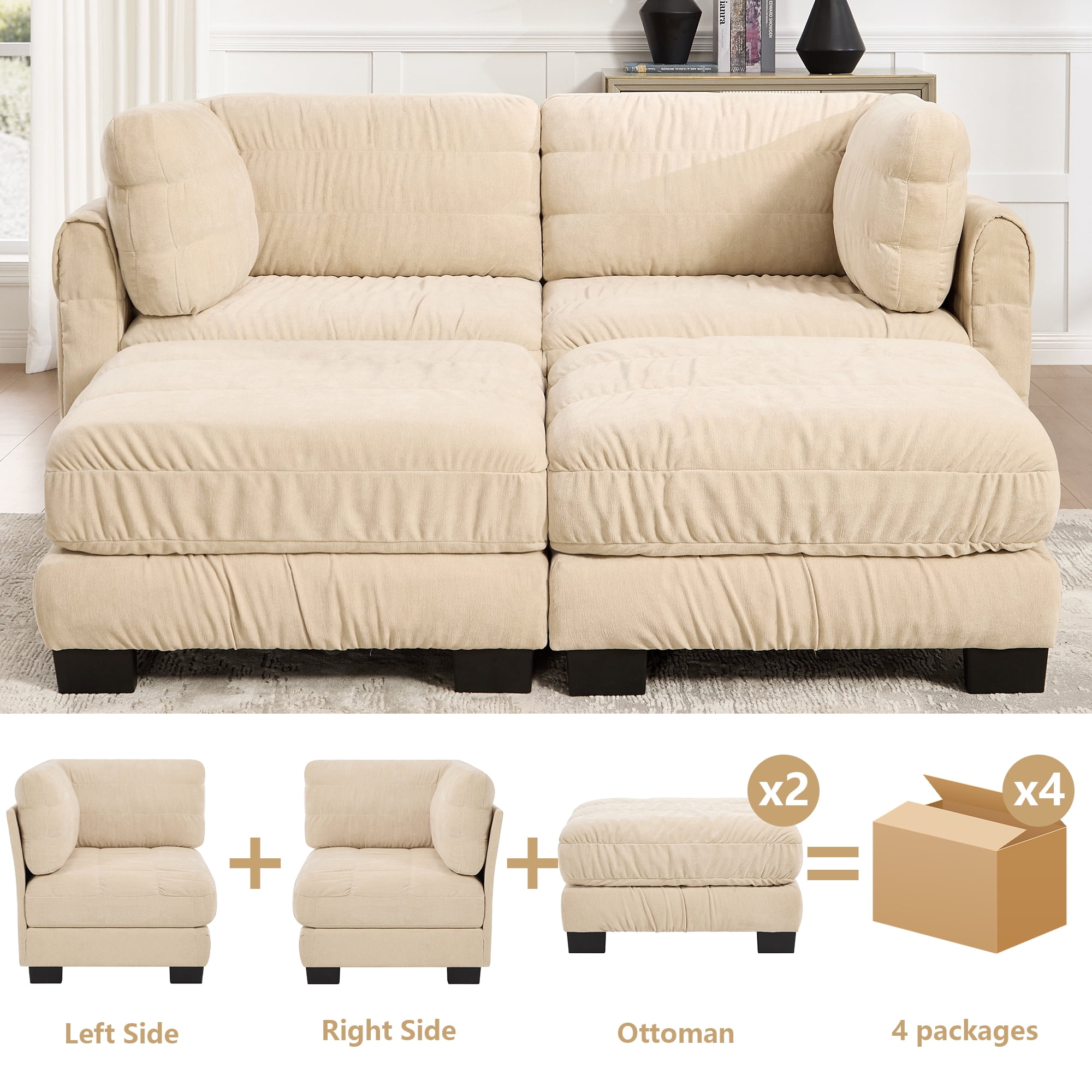 78" 2 Seat Chenille Modular Sectional Sofa with 2 Movable Ottoman and L Shape Back Cushions,Easy Assembly