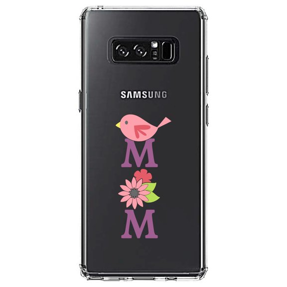 DistinctInk Clear Shockproof Hybrid Case for Samsung Galaxy Note 8 - TPU Bumper Acrylic Back Tempered Glass Screen Protector - Mom - Pink Bird & Flowers