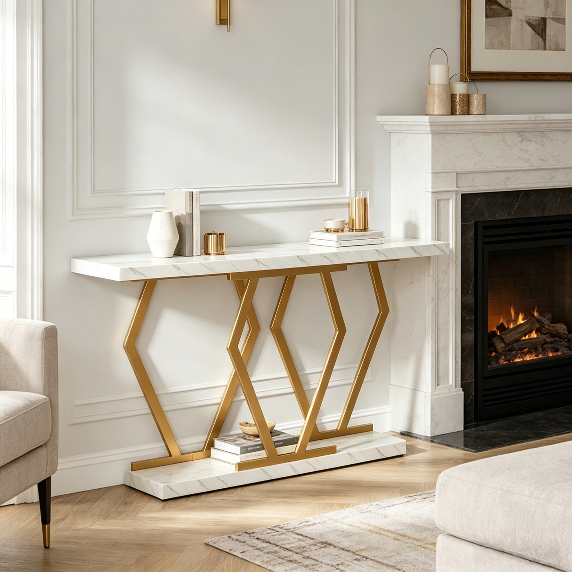 Long Console Table, 70.9 in Faux Marble White with Gold Metal Frame, Modern Accent Table for Living Room, Hallway, TV Stand
