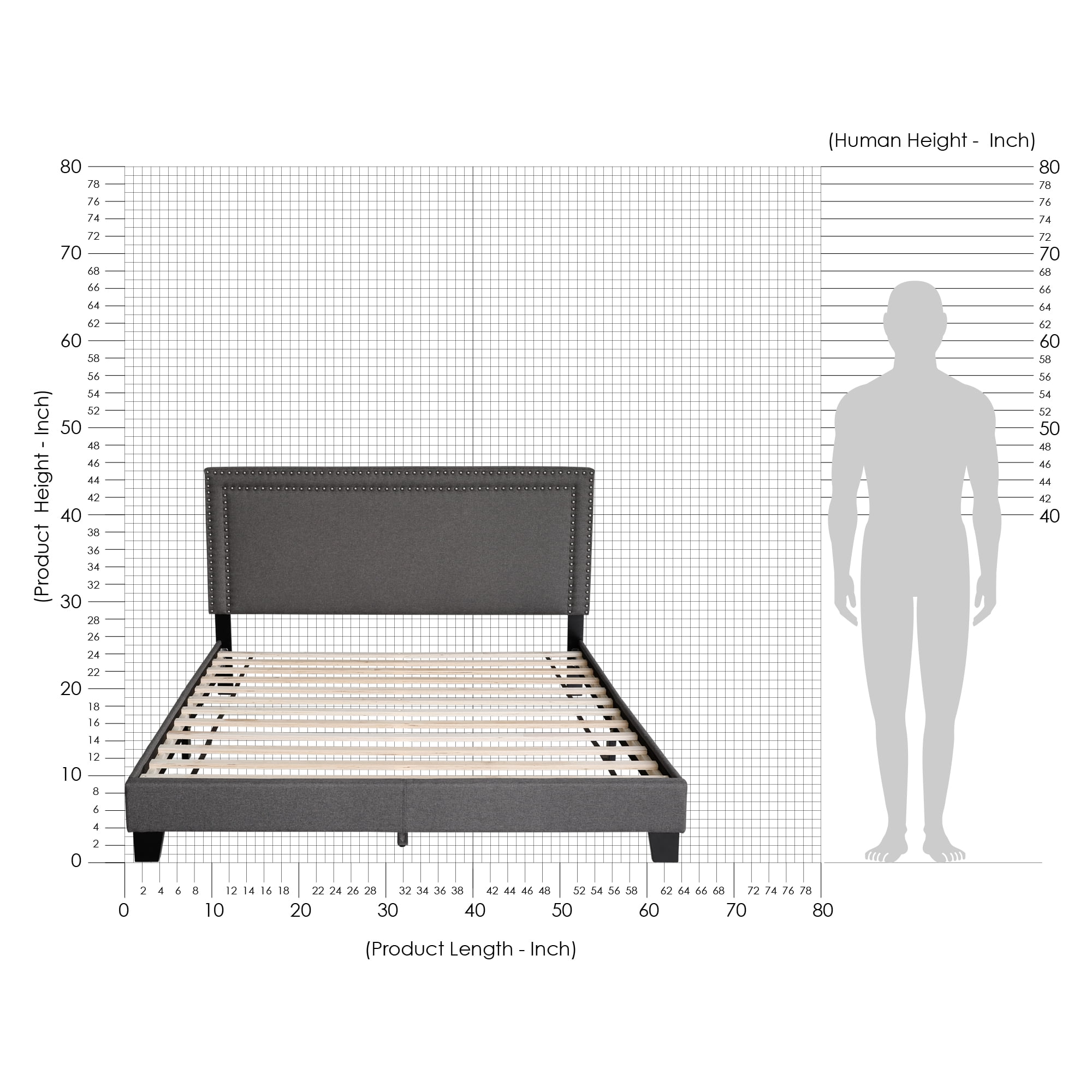 Furinno LAVAL Queen Upholstered Bed Frame with Double-Row Nailhead Headboard and 12-Piece Wooden Slat Support, Dark Grey