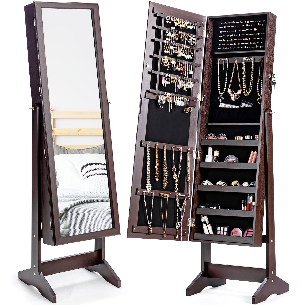 Costway Jewelry Cabinet Stand Mirror Armoire Lockable Organizer Large