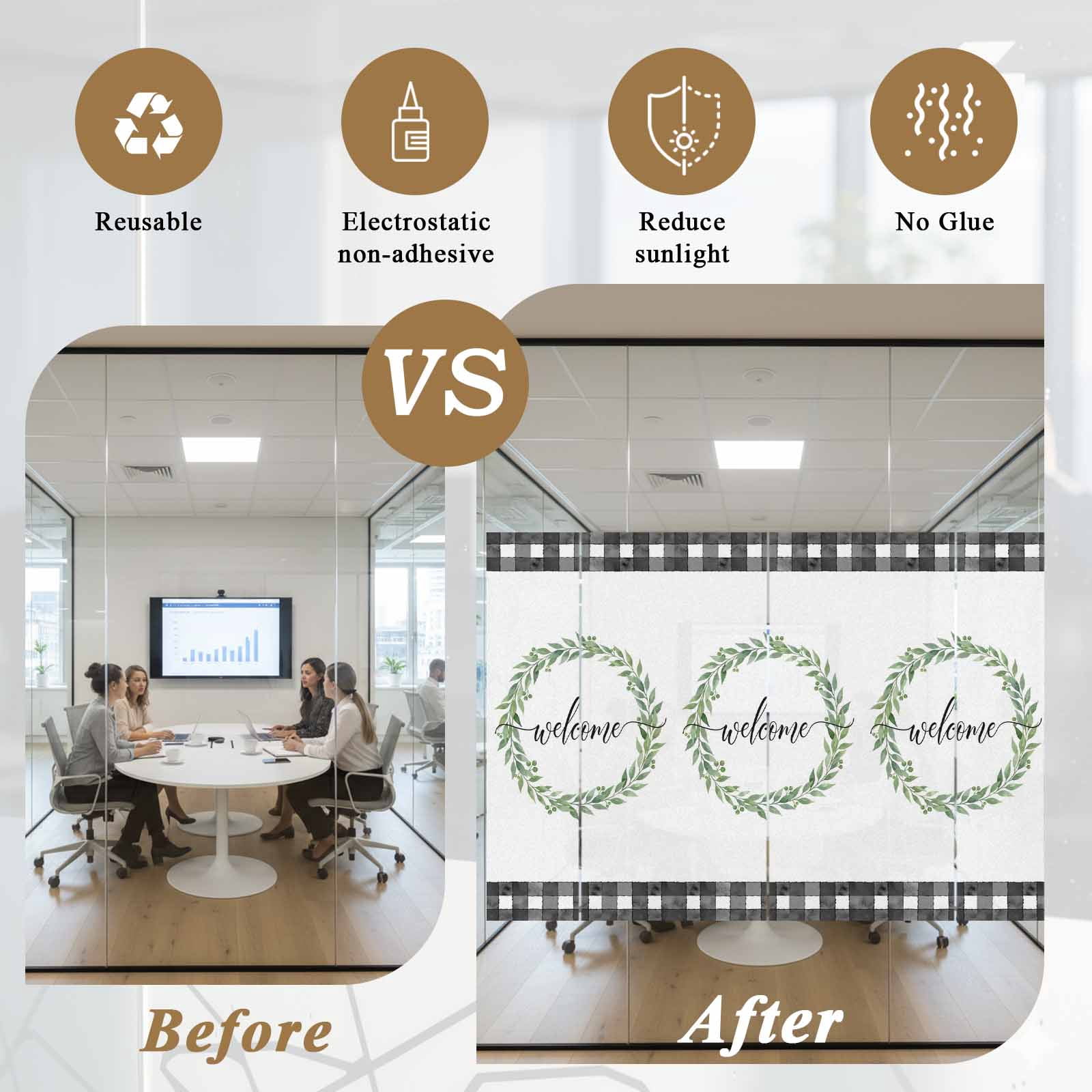 Welcome Window Privacy Film, Vintage Leaf Wreath Plant Black Plaid Border Frosted Glass Window Clings Static Cling UV Heat Blocking Reusable Door Sticker for Bathroom 23.6 x 59 Inch
