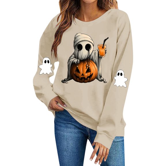 Edvintorg Crewneck Sweatshirts Women Long Sleeve Sweat Shirts Halloween Printed Pullover Sweatshirt Fall Winter Clothes for Women S-2XL Khaki