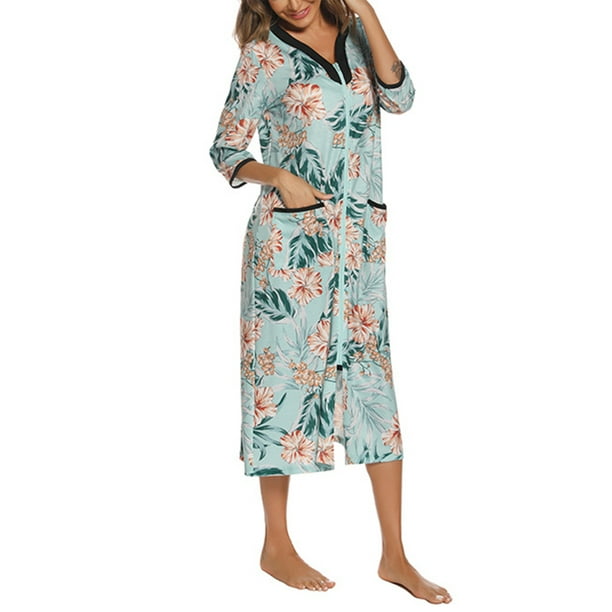 Avamo Ladies Nightgown Floral Print Housedress V Neck Robe Comfy House Coat Night Bathrobe Army Green L