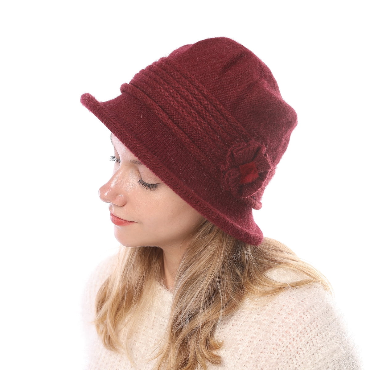 Women Winter Knit 1920s Vintage Bucket Bowler Hat Round Brim  display picture 2