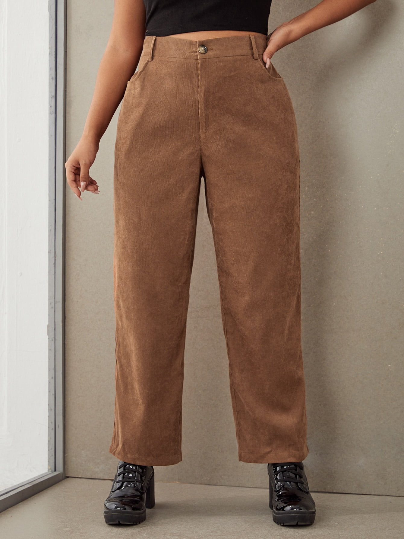 Brown Women's Plus Size Solid Wide Leg 