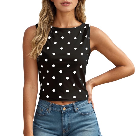 Tank Tops for Women Camisole Fashion Polka Print Round Neck Soft Comfortable Wear Blouse Tee Shirt Cute Cami Undershirt