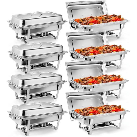 Chafing Dish Buffet Set 9 Qt Stainless Steel Complete Chafer Set Catering Warmer Set with Water Pan, Fuel Holder for Parties, Dinners, Catering, Buffet and Weddings 8 Silver