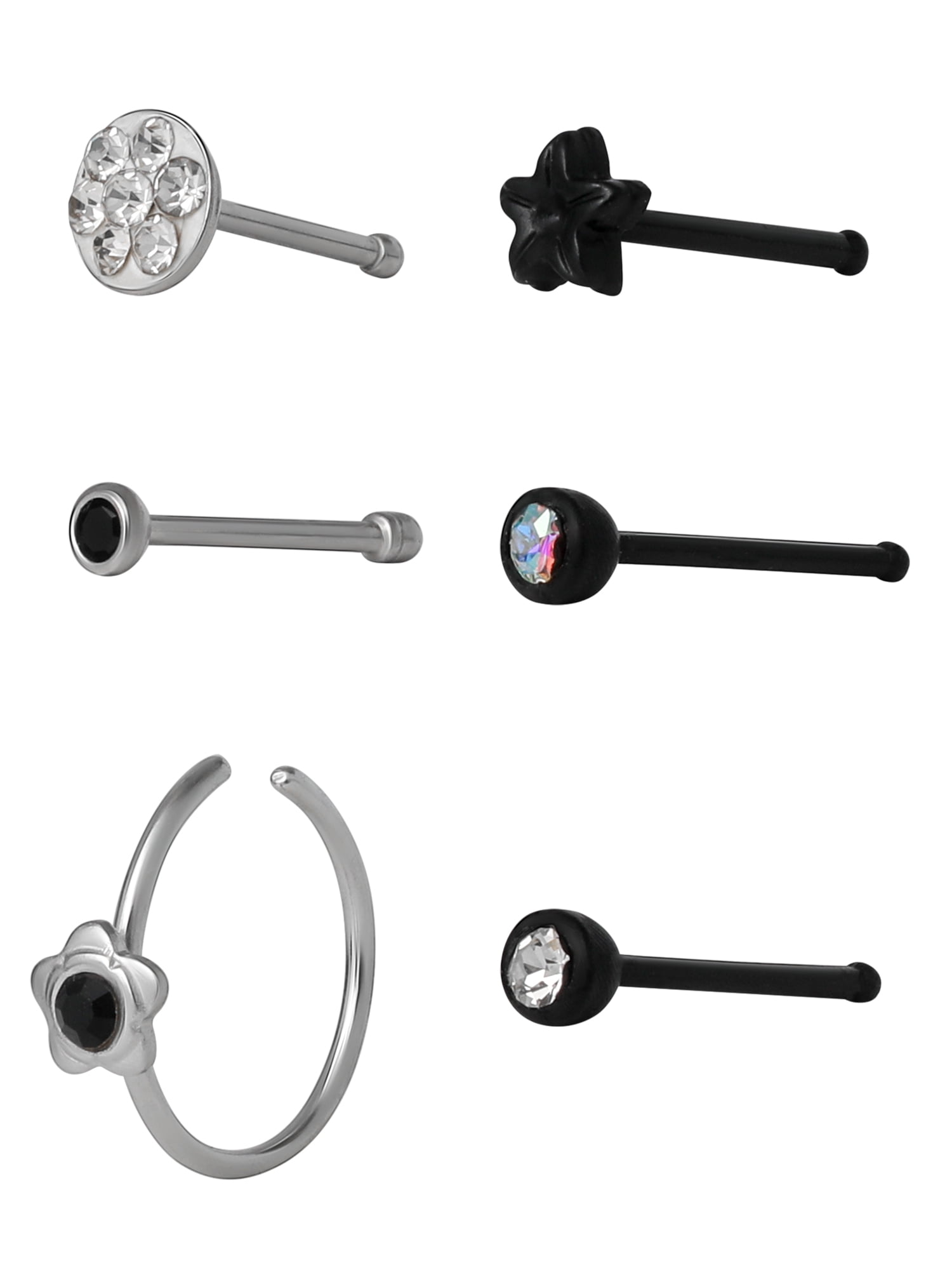 Body Jewelry Women's Jewelry 22G Stainless Steel Multi Color Hoop and Stud Nose Rings, 6 Pack