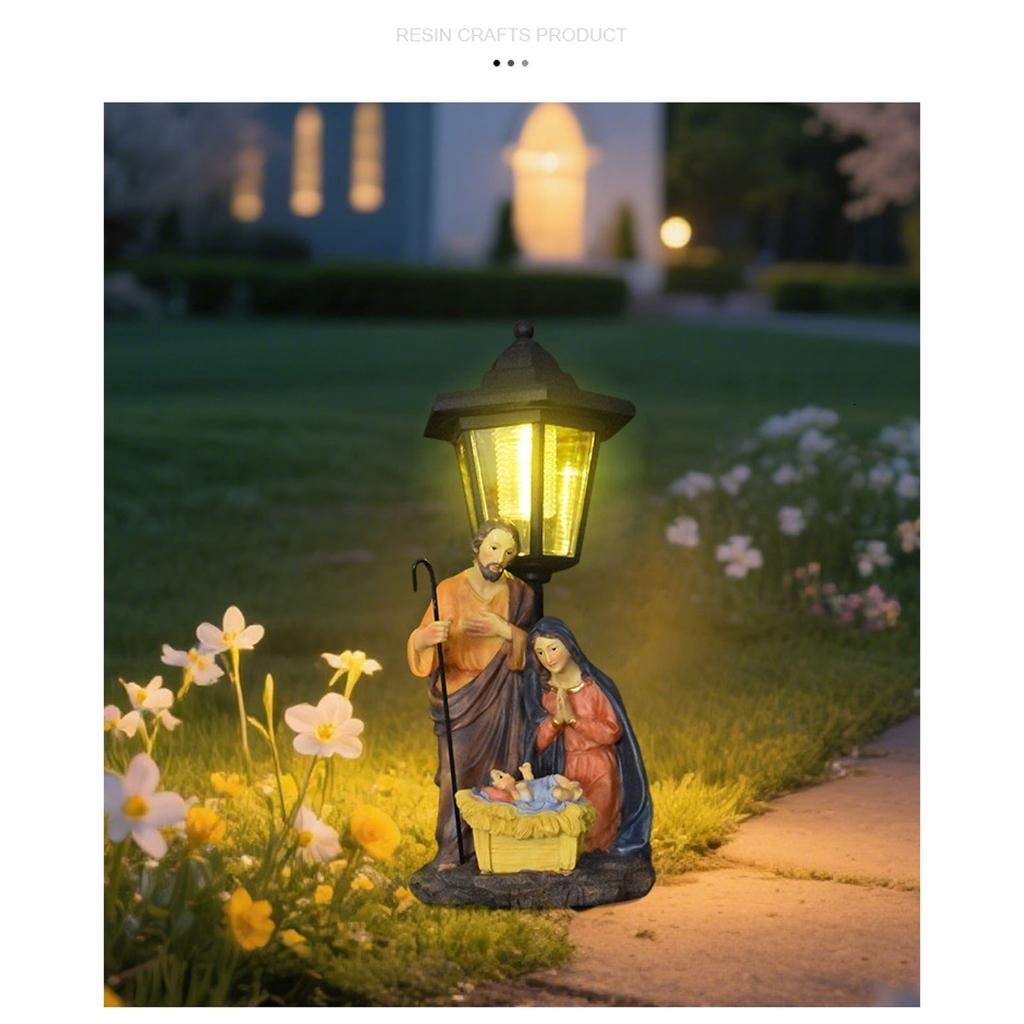 Outdoor Solar Light Religious Nativity Scene Resins Sculpture Christian Holy Family Display Garden Lawn Decoration
