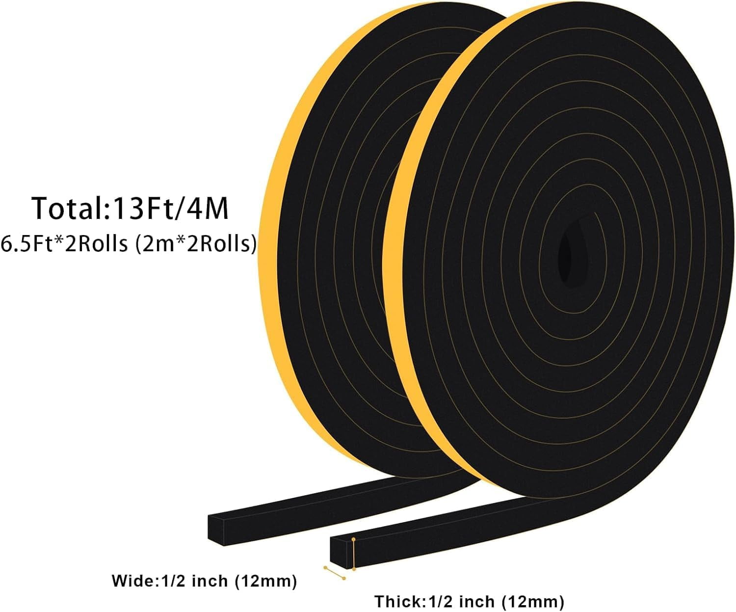 Weather Stripping Door Seal Strip Strong Adhesive Foam Insulation Tape Tape Gasket for Door and Windows (Black, 1/2 in x 1/2 in x 13Ft)