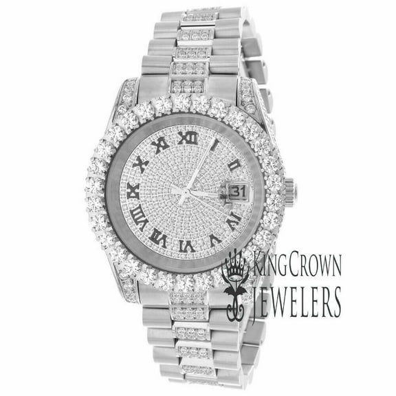 Roman Numbers Dial Full Stainless Steel White Gold Solitaire Simulated Diamond Presidential Link Watch 41mm