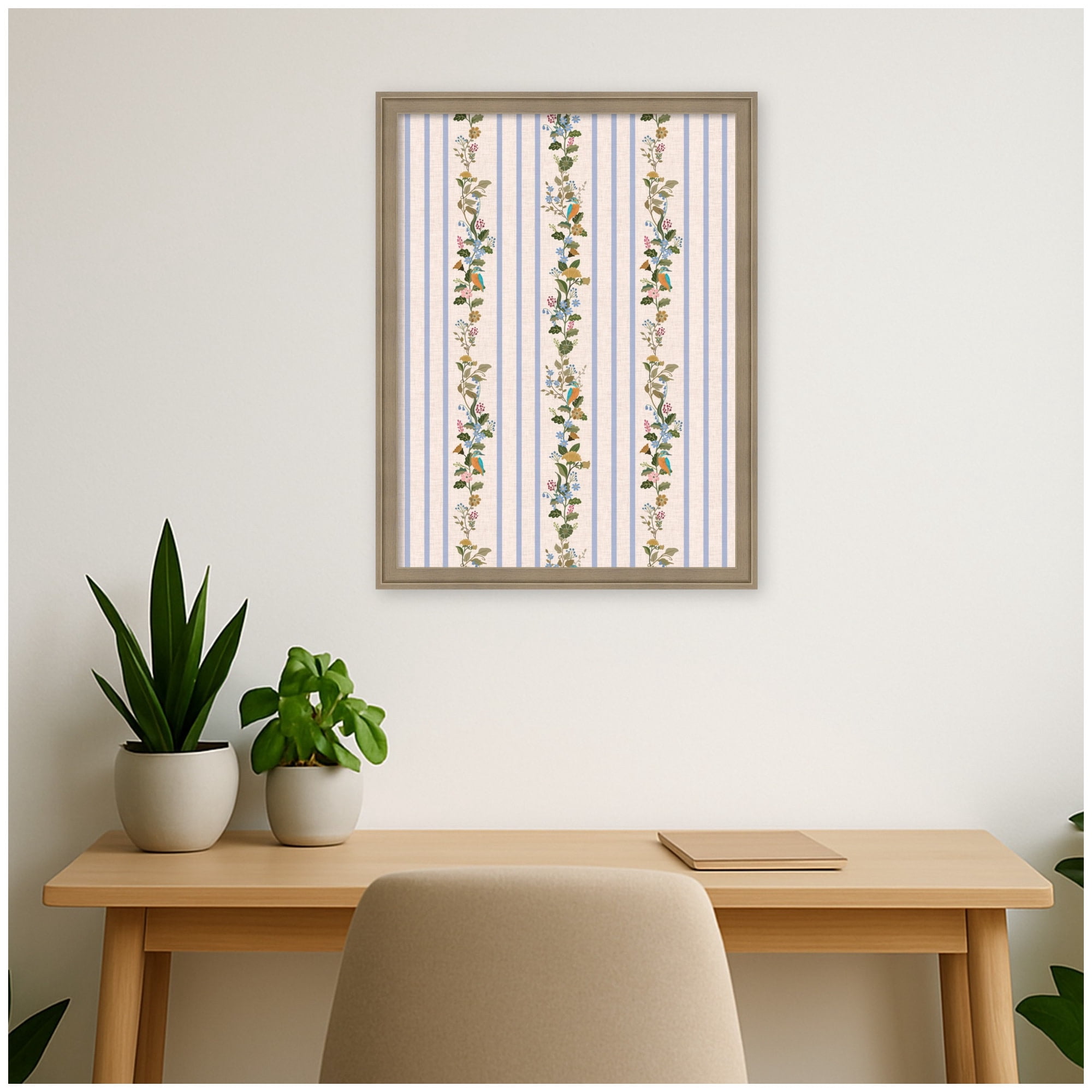 Kate and Laurel Framed Fabric Pinboard 20 x 26, MC Striped Botanical Birds Singing Printed Linen Casual Transitional Bulletin Board for Use as a Vision Board or Wall Org, Florence Light Brown