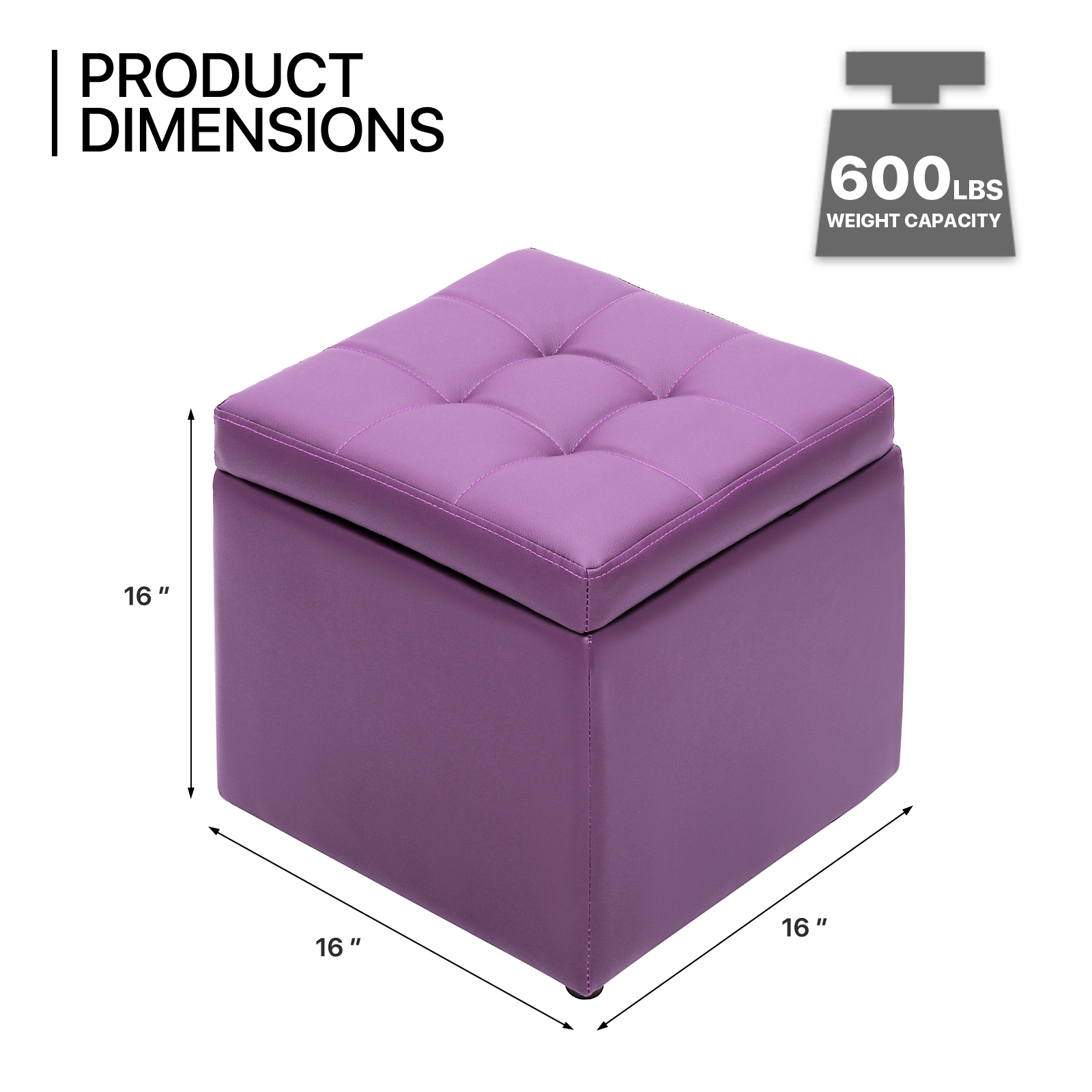 MoNiBloom 16" Square Button Tufted Storage Ottoman, PU Leather Entryway Shoe Bench, Livingroom Lift Top Pouffe Storage Cube Footstool, Purple - image 4 of 9