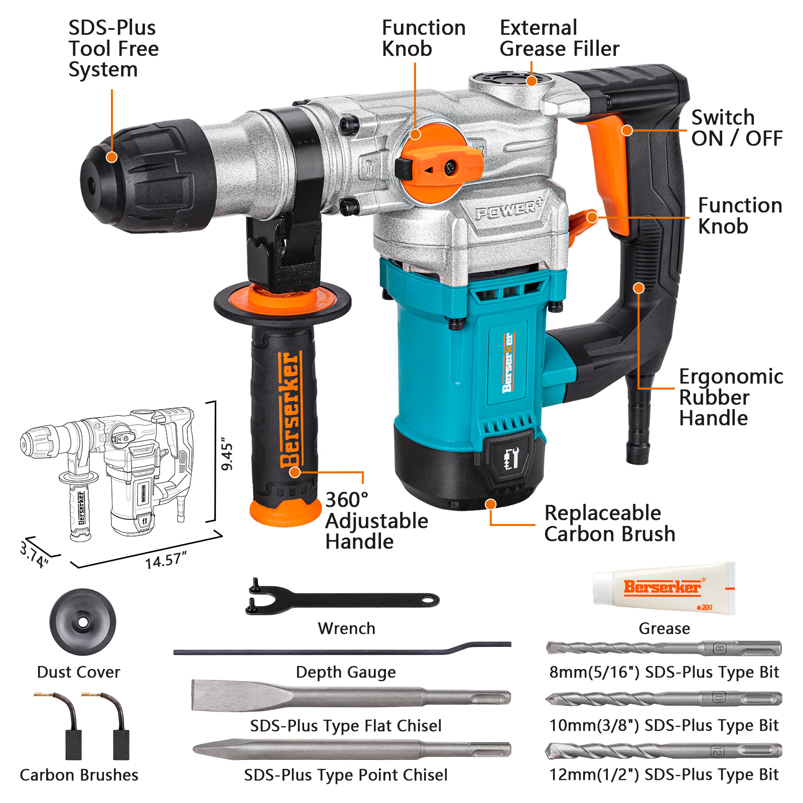 Berserker 9-Amp SDS-Plus Rotary Hammer Drill with Safety Clutch, 3-Function, includes Bits, Chisels, Case