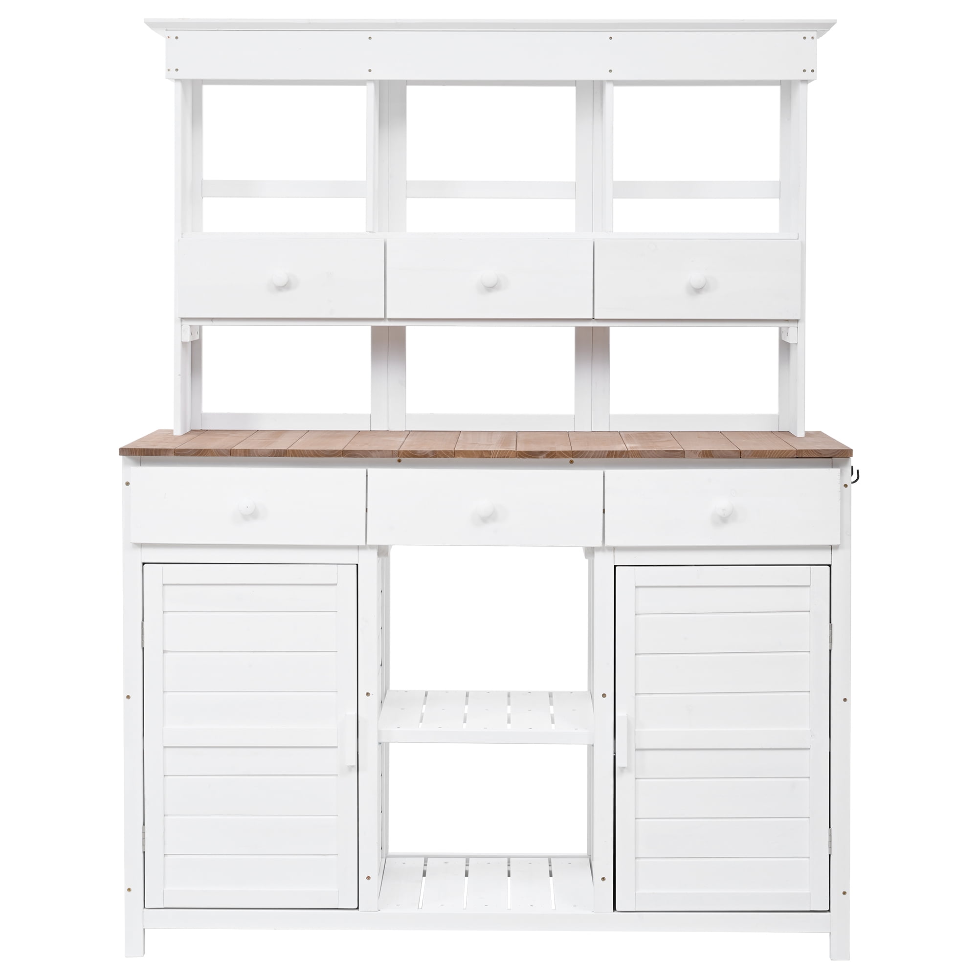 MAYEERTY 65.7" Tall Garden Potting Bench Table with Hutch – Rustic Outdoor Workstation with 3 Shelves, 6 Drawers, 2 Cabinets & Side Hooks