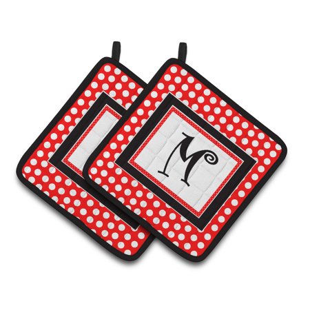 Letter M Initial Monogram Red Black Polka Dots Pair of Pot Holders