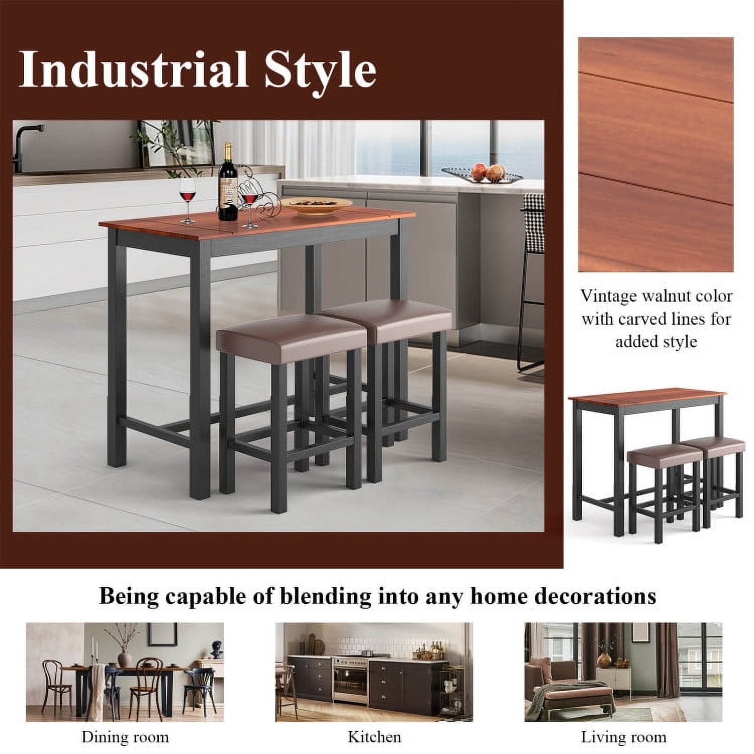 Finihen Dining Set, Dining Table Set, 3 Piece Set Pub Dining Table with Stools, for Home, Restaurant, Brown Finihen Dining Set, Dining Table Set, 3 Piece Set Pub Dining Table with Stools, for Home, Restaurant, Brown