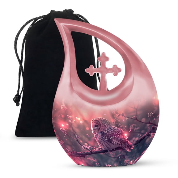 MUKTIVE Owl Urns - Cremation Urn for Ashes Adult Male - Rose Pink Decorative Urns for Man - Large Cremation Urn for Female Mom & Dad - Mini Funeral for Women with Velvet Bag (Size - 10 Inch)