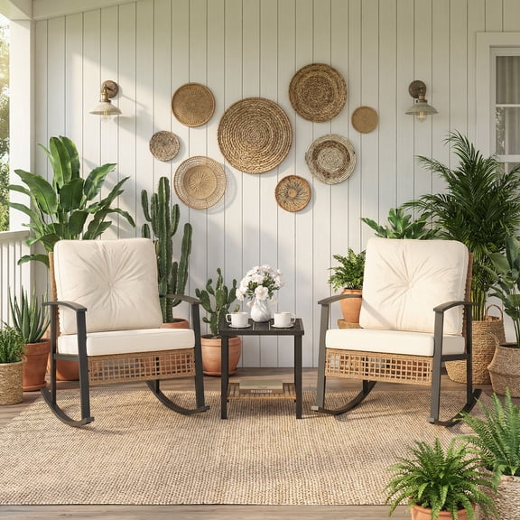 MOALCOFER 3-Piece Rattan Outdoor Rocking Chair Bistro Set with Thick Beige Cushions & 2-Tier Coffee Table, Weather-Resistant Patio Furniture for Porch, Balcony, Backyard & Garden