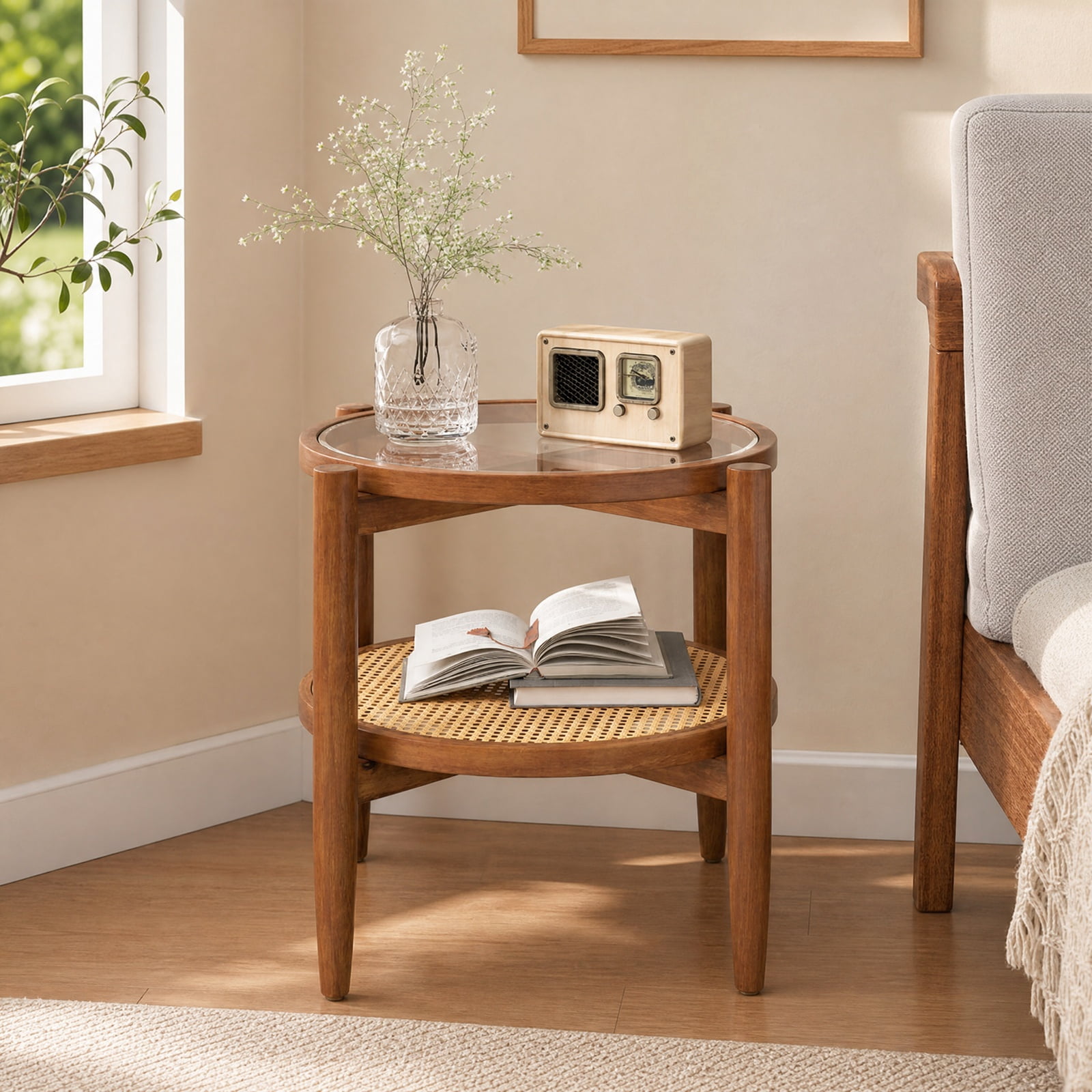 Furnibear Rattan Round Side End Table with Tempered Glass Tabletop and 2 Tier Acacia Wood Legs for Living Room Bedroom and Sofa Side, Walnut