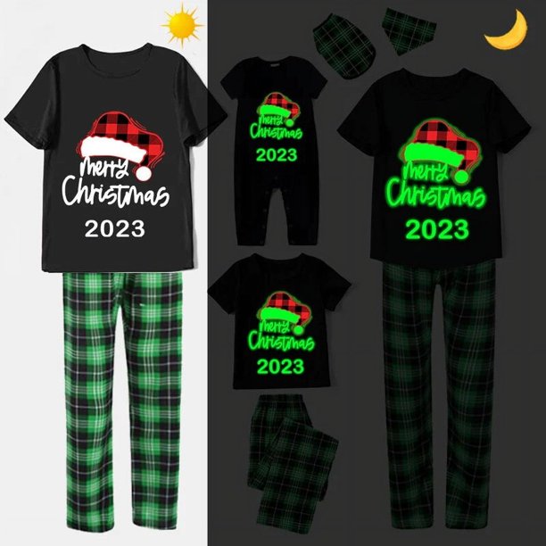 Pijama navideño a juego para toda la familia, conjunto de ropa de dormir con gorro navideño brillante, color negro, 2023