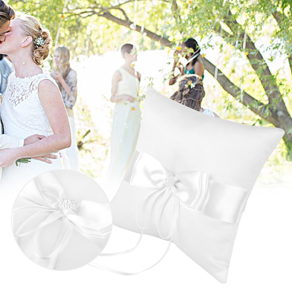 Raguso White Bowknot Ring Bearer Pillow Holder Wedding Ring Pillow with Simulation Pearl for Wedding Ceremony 15 * 15cm