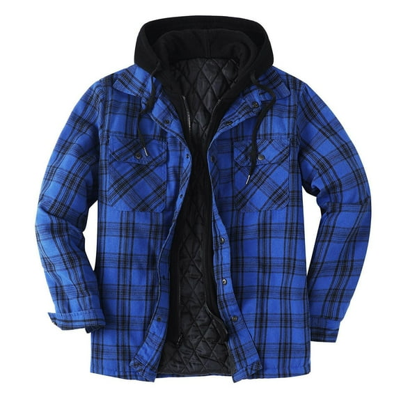 Guieoi Mens Coats Outerwear Winter Clearance 4xl Men Button Zipper Long Sleeve Casual Plaid Jacket Hooded Thicken Lattice With Pocket with Hood Blue Black*Friday/Cyber*Monday Clearance