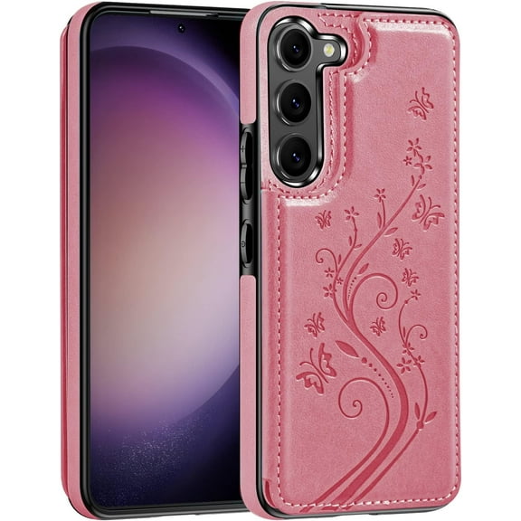 for Samsung Galaxy S24 Wallet Case with Card Holder, for Samsung S24 Butterfly PU Leather Kickstand Purse Cover,Floral Shockproof Slim Flip Phone Case for Women,Pink