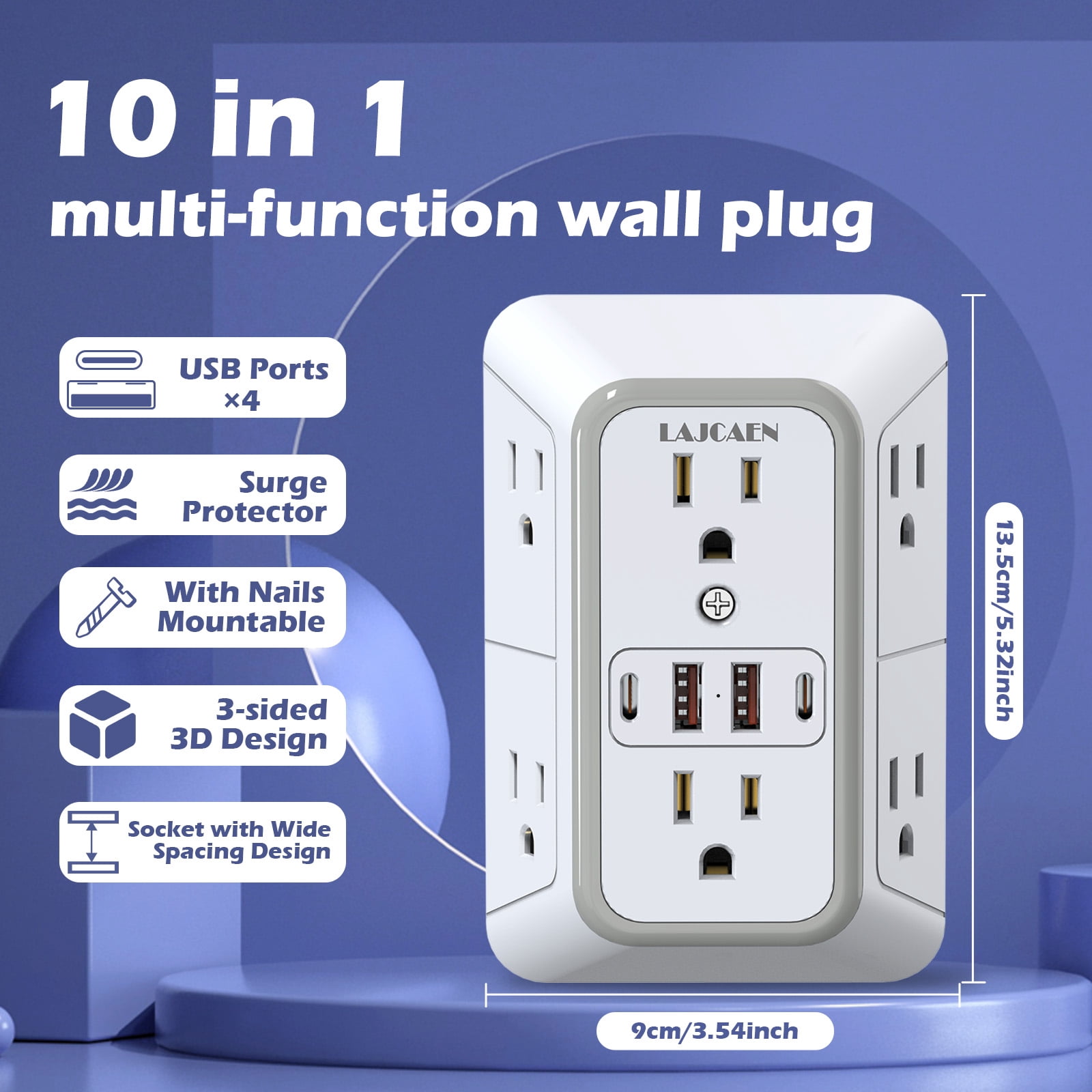 Multi Plug Outlet Surge Protector Wall Charger6 Outlet Extender with 4 USB Charging Ports (4.8A Total) 3-Sided 1050J Power Strip Adapter Spaced Outlets for Home Indoor
