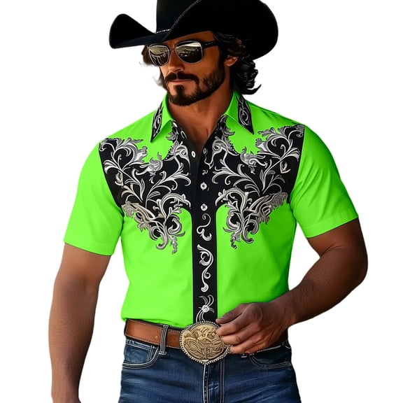 xfsWaSs Western Cowboy Shirts For Men Retro Printed Short Sleeve Shirt Comfortable Fit Casual Button Down Shirts Festival Party Formal Everyday Wear