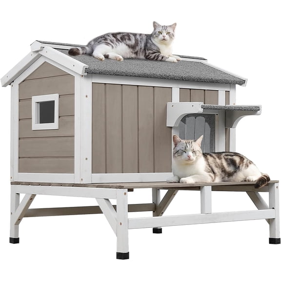PETSCOSSET Outdoor Cat House, Insulated Wooden Cat Shelter with Raised Base and Balcony, Gray