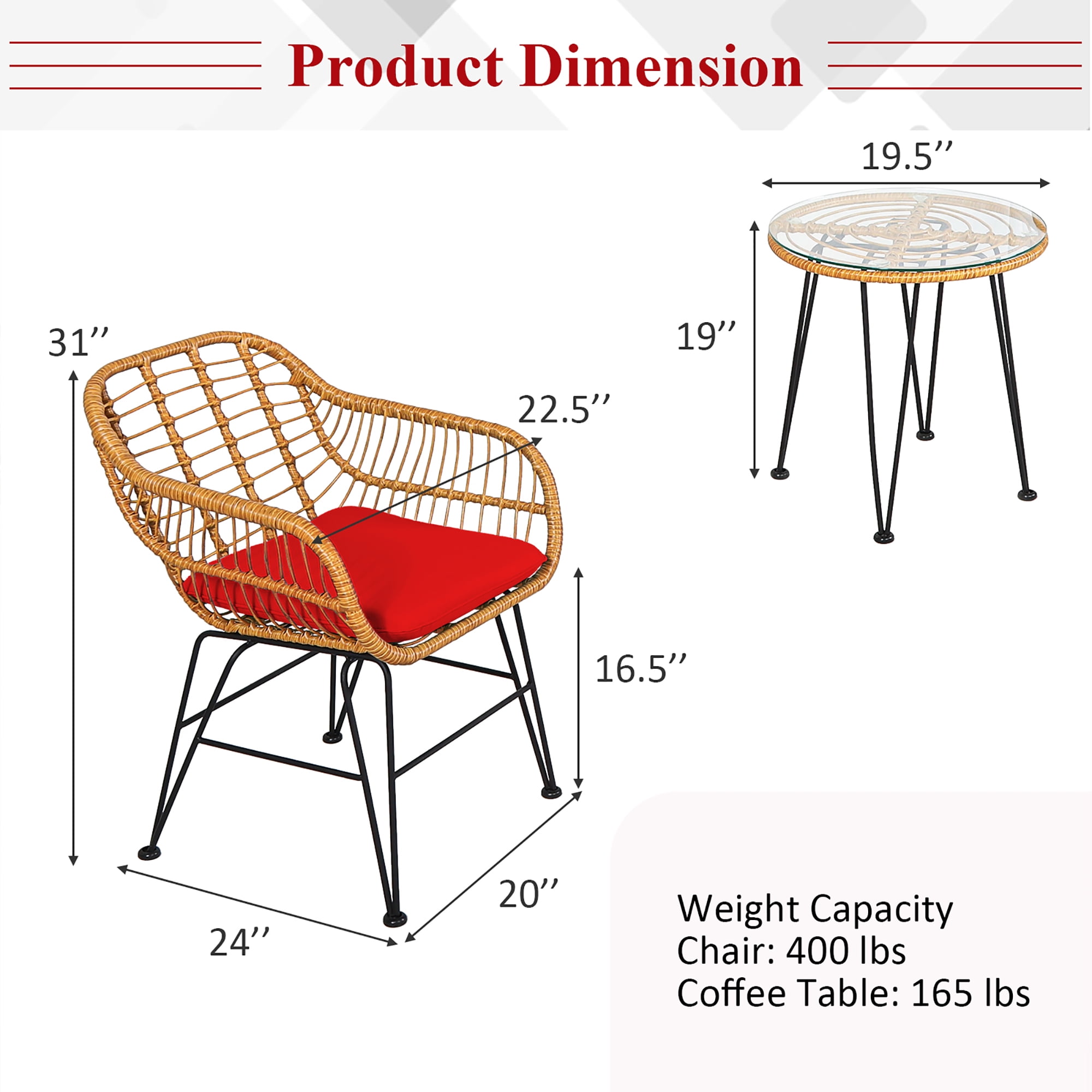 Costway 3PCS Patio Rattan Bistro Furniture Set Cushioned Chair Table Red