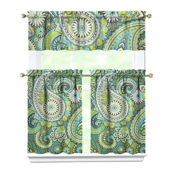 3 PCS Artistic Elegant Kitchen Curtains - Paisley Boho Vintage Design, Floral Abstract Print, Rod Pocket Style