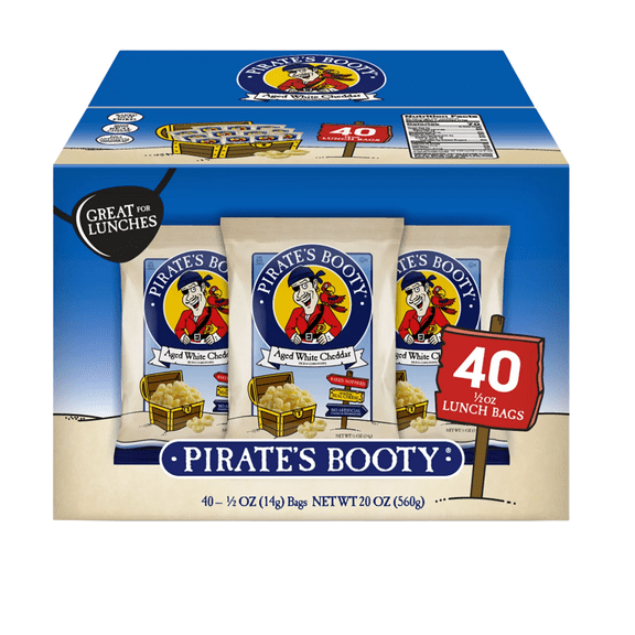 Pirate's Booty Aged White Cheddar Cheese Puffs, .5oz -40 Snack Size Bags, Made with Real Cheese Gluten-Free, No Artificial Colors or Preservatives Baked Never Fried for Kids Healthy Schools Snacks