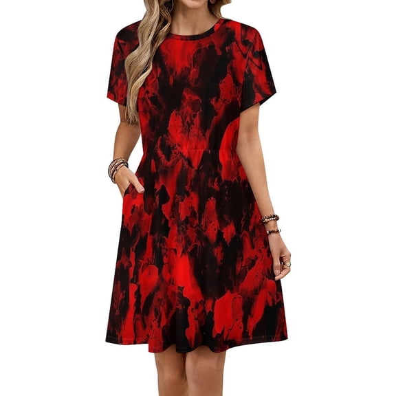Red Black Red And Black Ink, Abstract Art Dress Fashion Beach Short Sleeve Dresses Female Party Printed Sundress