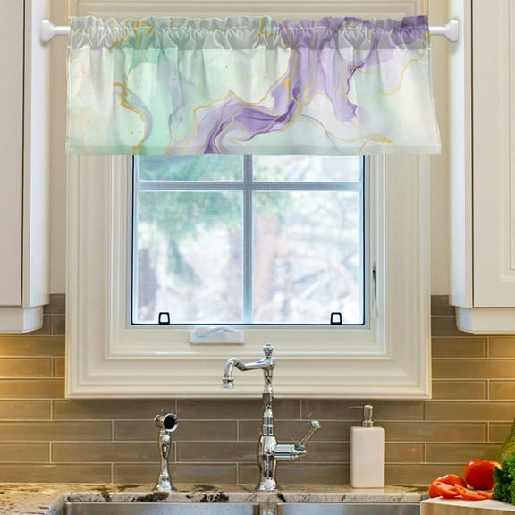 Ryvnso Green with Purple Marble Window Valance Kitchen Farmhouse Rod Pocket Short Curtain 54x18 inch