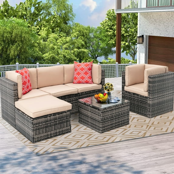 iRerts 6 Pieces Outdoor Sectional Sofa Patio Furniture Sets, Wicker Rattan Outdoor Patio Conversation Sets with 2 Pillows and Coffee Table, Patio Sofa Sets for Yard Backyard, Gray Wicker+Beige Cushion