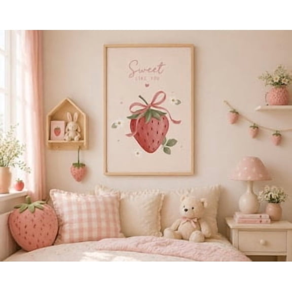 Strawberry Nursery Wall Art Set Of 12 Prints, Girls Room Decor, Sweet Strawberry World, Pink Kids Room Poster, Poster Only