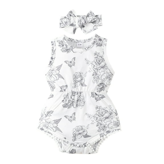 Infant Baby Girls Clothes 9 Months Girls One-piece Romper Bodysuit 12 Months Girls Sleeveless Floral Romper Headband Set White